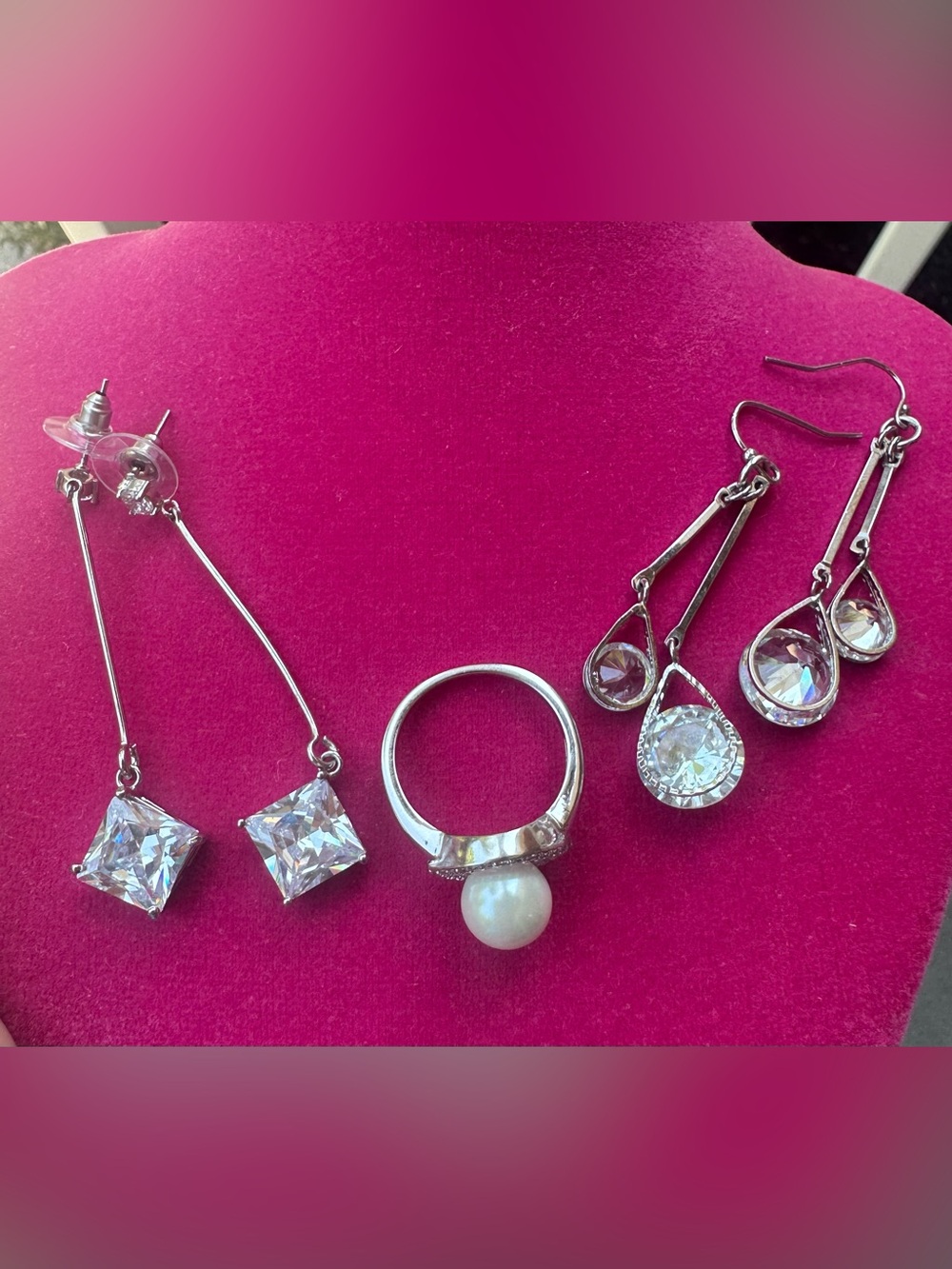 Silver Tone Jewelry Lot Earrings & Pearl Style Ring Size 9